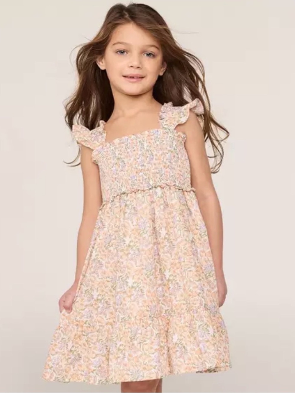 Janie and Jack Emily Dress Peach Ditsy Floral Smocked Ruffle Strap Girls Size 4